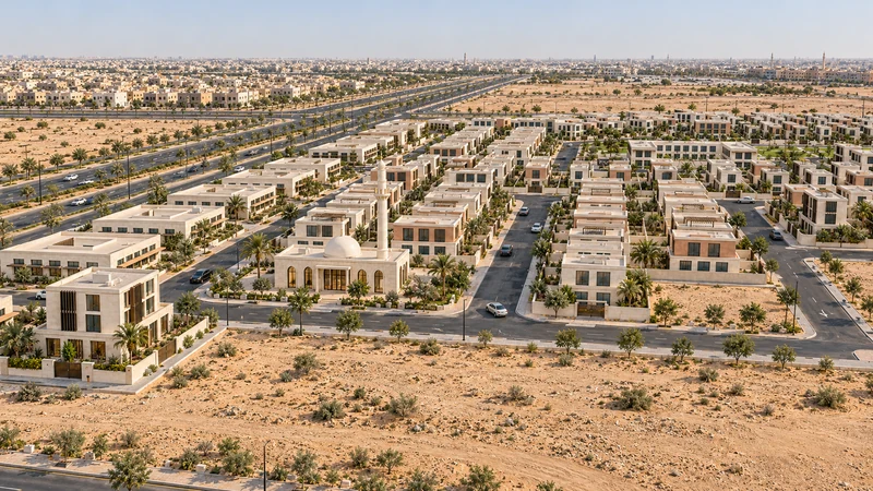 تصوّر جوي منخفض لتطوير مستقبلي محتمل: المنازل الجنوبية وموقع المسجد.