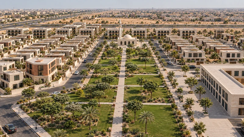 تصوّر جوي منخفض لتطوير مستقبلي محتمل: محور الحديقة والمنازل المحيطة.