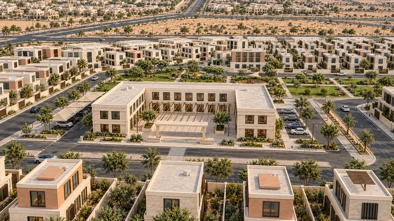 تصوّر جوي منخفض لتطوير مستقبلي محتمل: المرفق التعليمي والمحيط السكني.