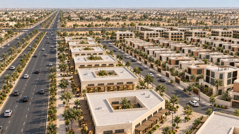 تصوّر جوي منخفض لتطوير مستقبلي محتمل: الواجهات التجارية والشوارع المتصلة.